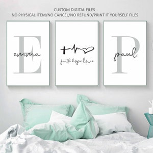 Custom Couple Name Initials Love Hope Faith Bedroom wall Digital files set of 3,Above Bed art,Wedding/Christian/Divine art,Over Sofa