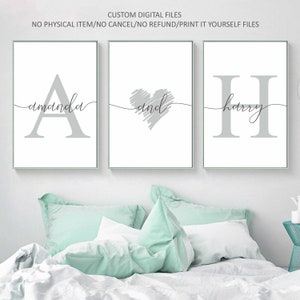 Juego de 3 impresiones con iniciales de nombre personalizadas para parejas, arte para dormitorio de pareja, impresión sobre la cama, impresión de nombre personalizada, regalo de aniversario, solo archivos digitales