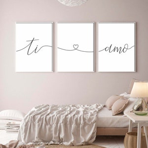 Ti Amo pareja amor signo imprimible conjunto de 3, signos de dormitorio romántico, citas de amor de dormitorio de pareja, te amo signo italiano, arte de la pared por encima de la cama