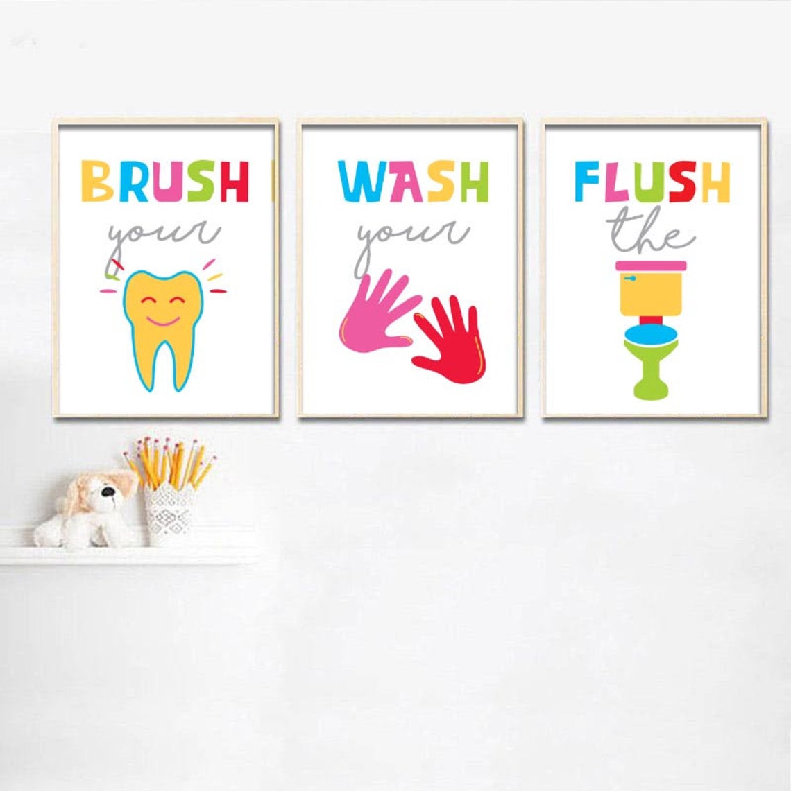 Kids Bathroom Signs Printable Set of 3wash Flush Brush Etsy UK