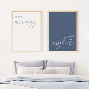 good morning good night printable set of 2,above bed art,blue poster,morning night poster,bedroom wall art,farmhouse bedroom,guest room art