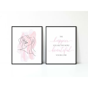 Woman Line Art,Be Happy Be Beautiful Positive Imprimible Conjunto de 2,Póster Preppy Blush Pink,Salon Spa Art,Impresión de dormitorio para mujeres/niñas/adolescentes