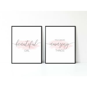 Mooi meisje je kunt geweldige dingen doen, preppy perzik roze afdrukbare set van 2, meisjeskamer, kinderkamer kunst aan de muur, tiener/Tween/slaapzaal kunst, kunst boven bed