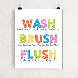 wash brush flush printable kids bathroom rainbow wall ar,bathroom rules,fun/quirky bath wall art,above towel rod/toilet/basin signs,wall art