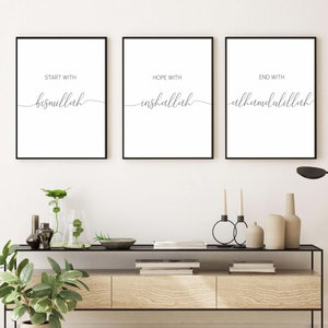 Conjunto de carteles islámicos imprimibles de 3, cartel de bismillah inshallah alhamdulillah, signo de ramadán, decoración sobre el sofá, arte islámico minimalista, arte de vida/comedor