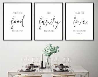 Segne das Essen vor uns, die Familie neben uns und die Liebe zwischen uns, 3er-Set, Esszimmer Druck, Gottesgeschenk/Gebetskunst, Familienposter zum ausdrucken