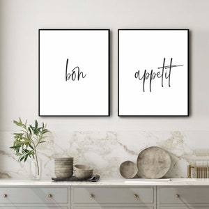 bon appetit printable set of 2,kitchen wall art,dining room sign,restaurant/cafe/bistro decor,farmhouse decor,trendy modern food drink print