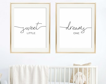 Sweet Dreams Little One, arte de la habitación del niño de la guardería, juego imprimible de 2, decoración de la pared de la guardería, arte sobre la cuna/cuna, signo de Sweet Dreams, arte de la habitación del bebé