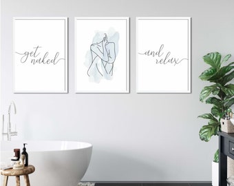 Bathroom print get naked and relax woman line art digital set of 3,Spa/Salon wall art,minimal bath print,blue bath print,woman bathroom art