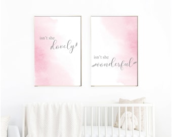 Girls Nursery Isn't She Lovely Isn't She Wonderful Blush Pink Printable Artwork Set of 2,Over Crib/Cot Decor,Baby Girl Room,New Born Gift