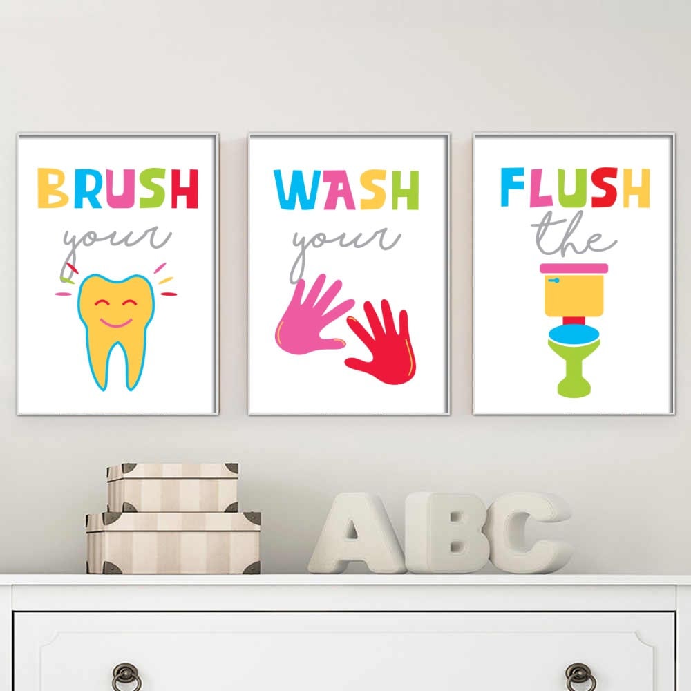 Rainbow kids bathroom signs printable set of 3 wash flush | Etsy