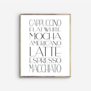 Guia de menu de café, bar de cozinha moderno para impressão, decoração de despensa de escritório com impressão de barista de café, tipos de café, decoração de almofada de solteiro, pôster de alimentos e bebidas