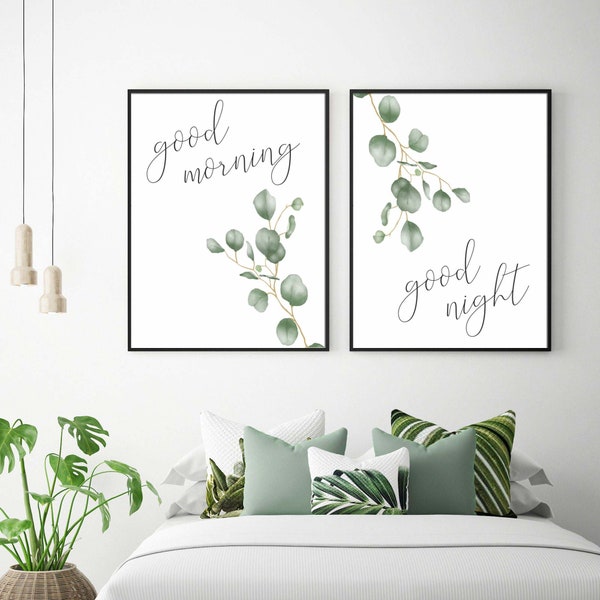 Good Morning Good Night Eucalyptus/Botanical Printable Set of 2,Bedroom Wall Art,Over Console Table,Entryway Decor,Housewarming Gift