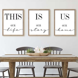 this is us our life our story our home printable set of 3,living/family/dining room,above sofa/couch/console hallway art, housewarming gift