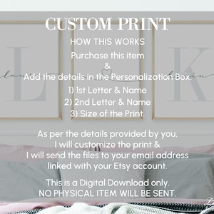 May include: A digital download for a custom printable with two framed prints, one with the letter L and the other with the letter K. The text on the image reads "Custom Print", "How This Works", "Purchase this item", "Add the details in the Personalization Box", "1) 1st Letter & Name", "2) 2nd Letter & Name", "3) Size of the Print", "As per the details provided by you, I will customize the print & I will send the files to your email address linked with your Etsy account", "This is a Digital Download only", "NO PHYSICAL ITEM WILL BE SENT."
