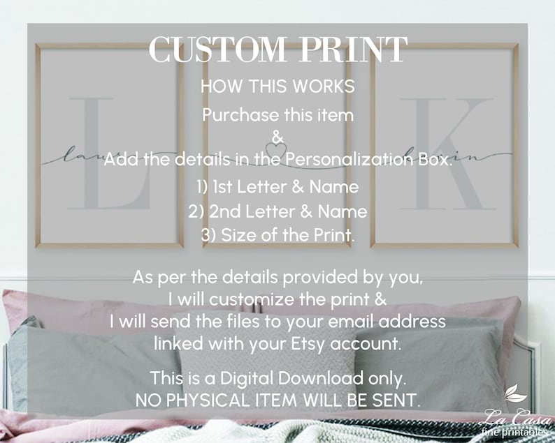 May include: A digital download for a custom printable with two framed prints, one with the letter L and the other with the letter K. The text on the image reads "Custom Print", "How This Works", "Purchase this item", "Add the details in the Personalization Box", "1) 1st Letter & Name", "2) 2nd Letter & Name", "3) Size of the Print", "As per the details provided by you, I will customize the print & I will send the files to your email address linked with your Etsy account", "This is a Digital Download only", "NO PHYSICAL ITEM WILL BE SENT."
