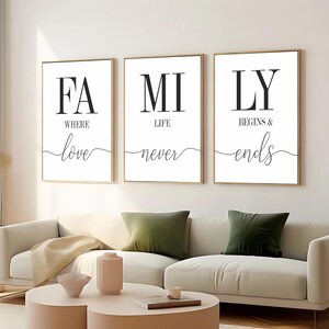 Family Where Life Begins & Love Never Ends Printable Art Set of 3,Family Sign,Living/Dining Room Wall Art,Over Couch/Sofa/Console Decor