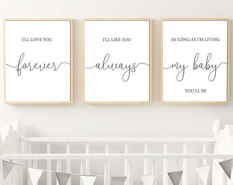 Quote prints kinderkamer: I'll Love You Forever, set van 3 (digitale download)