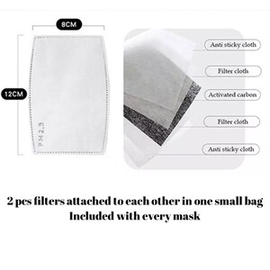May include: Two white filter inserts for a face mask, each measuring 8 inches by 12 inches. The filter inserts are labeled "PM 2.5". The image shows the layers of the filter insert, which include anti-sticky cloth, filter cloth, activated carbon, and filter cloth. The text "2 pcs filters attached to each other in one small bag Included with every mask" is also included in the image.