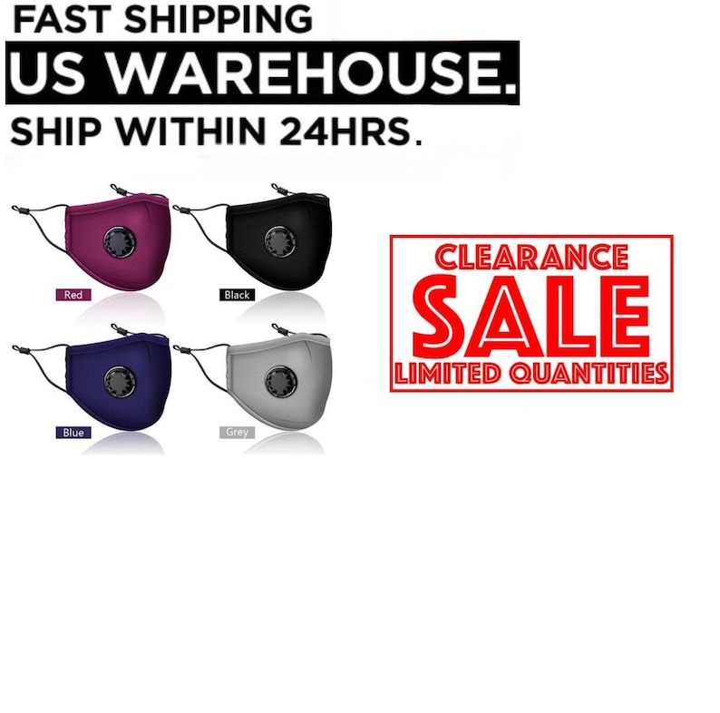 May include: Four reusable face masks with a valve, in red, black, blue, and gray. The masks have adjustable ear loops. Clearance sale text is in the background.