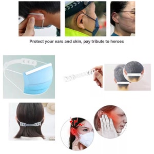 May include: Clear plastic ear savers for face masks. The ear savers are designed to help reduce ear pain and discomfort from wearing a face mask for long periods of time. The ear savers are shown being worn by people of different ages and genders. The text "Protect your ears and skin, pay tribute to heroes" is displayed on the image.