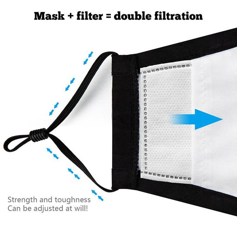 May include: Black face mask with a white filter insert. The mask has adjustable ear loops and the text "Mask + filter = double filtration" and "Strength and toughness Can be adjusted at will!" is visible.