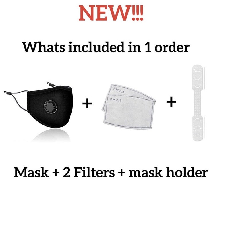 May include: A black face mask with a valve, two white PM2.5 filters, and a clear plastic mask holder. The text "NEW!!!" and "Whats included in 1 order" is above the items. The text "Mask + 2 Filters + mask holder" is below the items.