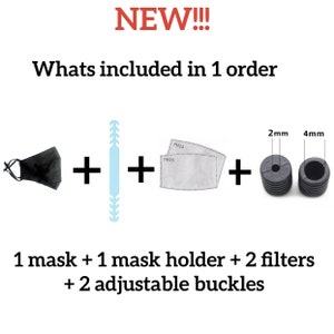 May include: A black face mask, a light blue mask holder, two white PM2.5 filters, and two black adjustable buckles. The text "NEW!!!" and "Whats included in 1 order" is above the items. The text "1 mask + 1 mask holder + 2 filters + 2 adjustable buckles" is below the items.