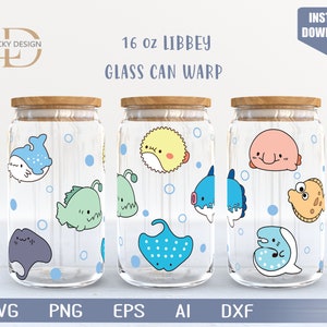 Animal marino 16 Oz vidrio puede deformar libbey / Lindo pez Svg /Fish SVG / dibujos animados svg / Beer Glass Wrap / Svg Dxf Archivo de descarga digital para Cricut