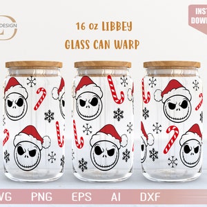 Santa Jack Libbey Dose Glas SVG | Jack Skellington Glas Wrap Libbey | Weihnachten SVG | Dosenförmiges Bierglas 16oz | Jack Face Glass SVG