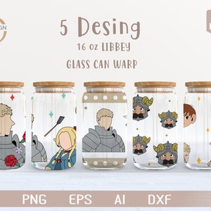 Pacchetto anime 5 Svg / pacchetto 1 16 Oz Glass Can Warp libbey / Cartone animato giapponese SVG / Avvolgimento bicchiere di birra / Svg Dxf Scarica file per Cricut