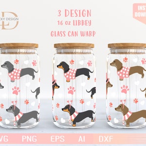 Dachshund Dogs |3 Design | Valentine's Day 16 oz Libbey Glass Can Wrap | Dachshund Lover | Svg Png Digital Download | Cute Animals Glass Can