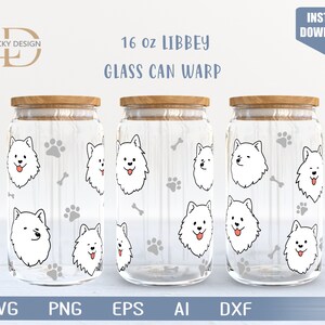 May include: Three 16 ounce glass can wraps with a white dog design. The design features a white dog with paw prints and bones. The wraps are for Libbey glass cans.