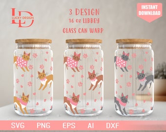3 Design | Valentine's Day Cats 16 oz Libbey Glass Can Wrap | Gift For Cat Lover | Svg Digital Download | Cute Animals Svg | File For Cricut