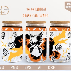 Anime Zeichen | My Hero Manga 3 16 Oz Glasdose Warp | Japanische Karikatur SVG | Bierglas Wrap | Baku |Svg Dxf Digital Download Datei für Cricut