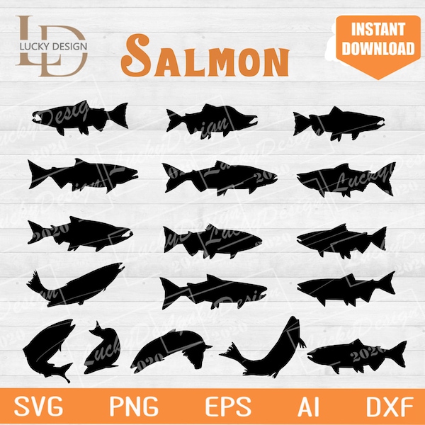 Salmon Bundle Svg | Salmon Fish Stencil Fish Svg | Salmon Cricut Silhouette Studio | Monogram | Black Vector Clip Art Images for Cut Files