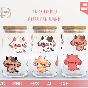 Mucca carina 16 Oz Glass Can Warp libbey / Mucca Svg / Mucca carina SVG / carina svg / Involucro di vetro di birra / File a strati di mucca per Cricut