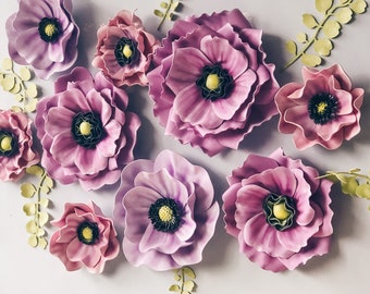 Set Of 9 Foam Anemone and Poppy Flowers And 7 Leaves
