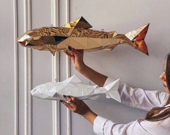 Low Poly Fish, Wall art, Wall decoration, Pair of Golden and White Fish, Mirror Object