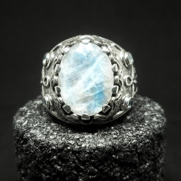 Handmade Silver Ring Rainbow Moonstone Trishul For Men ,Massive Ring Trishul with Moonstone  ,