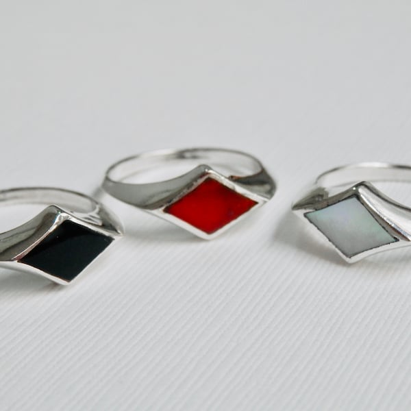 Sterling Silver Signet Ring, White Red Black Resin, Diamond Shape, 925, Geometric Stackable Rings, Unisex Jewelry
