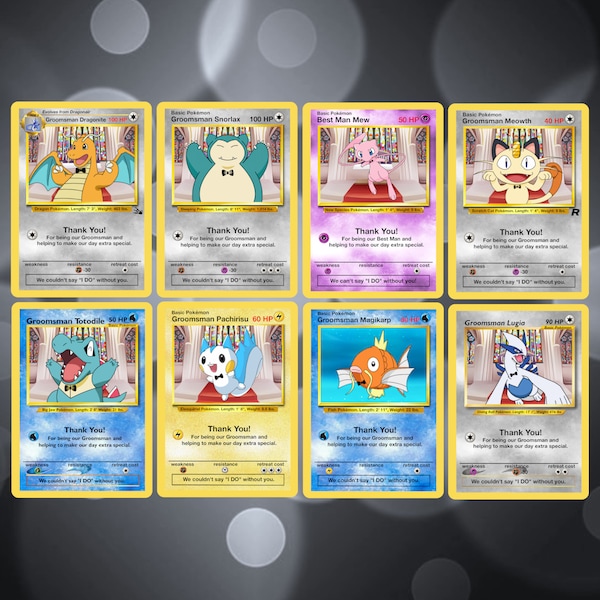 Custom Groomsman / Best Man Pokemon Card Snorlax Mew Meowth Dragonite Lugia Totodile Magikarp 3/4 (Other characters available)
