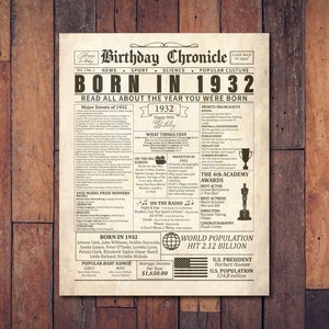 Birthday Poster, 1932 birthday Poster, Birthday Newspaper Sign, Gift for Grandma, Gift for Grandpa, Birthday Decorations