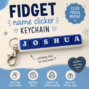May include: A rectangular fidget name clicker keychain featuring the name JOSHUA in white letters on blue square buttons set in a white frame. The keychain includes a silver metal lobster clasp and a split ring. Text on the image includes FIDGET name clicker KEYCHAIN, CLICK FOCUS REPEAT, satisfying clicks for busy hands, and custom with any name.