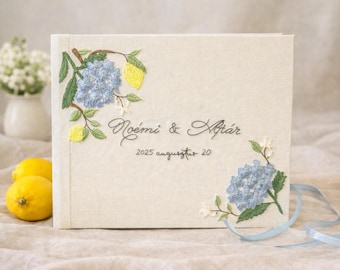 Hand Embroidered Wedding Guest Book - Blue Hydrangeas & Lemons - Luxury Handmade Album - Custom Keepsake Book
