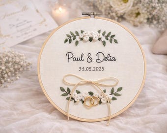Hand Embroidered Wedding Ring Holder - Personalized Ring Bearer Hoop - Custom Wedding Ring Pillow Alternative - Rustic Floral Ring Cushion