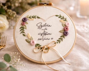 Personalized Hand Embroidered Wedding Ring Holder - Custom Ring Bearer Hoop - Floral Ring Pillow Alternative - Rustic Wedding Ring Cushion