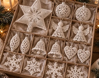 White Crochet Christmas Ornaments Set, Handmade Lace Christmas Tree Decorations, Vintage Holiday Decor, Christmas Ornament Collection