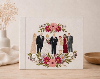 Personalized Hand Embroidered Wedding Guest Book - Custom Family Portrait - Luxury Linen Keepsake Album