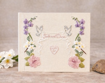 Custom Hand Embroidered Wedding Guest Book – Dove Wedding Album – Personalized Guest Book – Handmade Wedding Keepsake